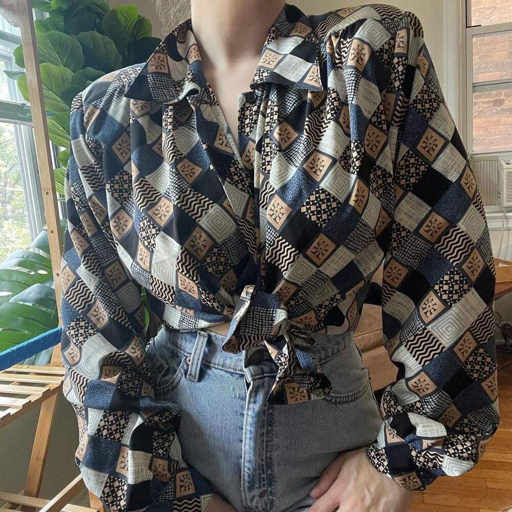 Impressions Women's Tan and Blue Blouse